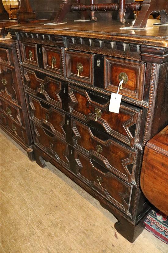Oak and walnut chest, circa 1800, fitted six drawers with mitred fronts